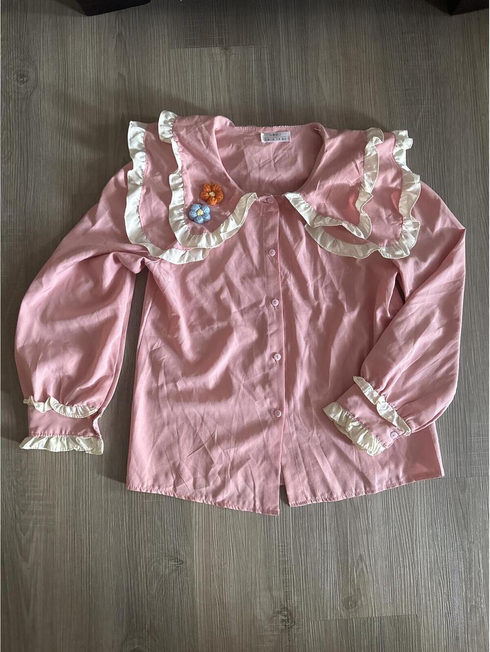 Korean Pink Ruffle Collar Blouse with Floral Crochet Detail